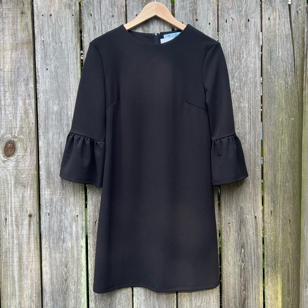 She + Sky 3/4 length ruffle sleeve black dress
